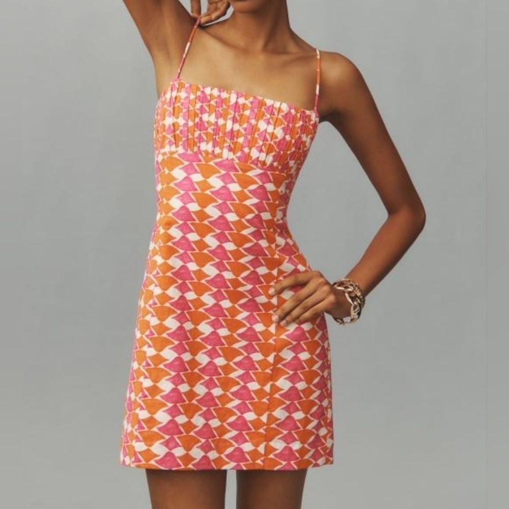 The Ophelia Sleeveless Linen Slim Mini Dress by Maeve in Pink Orange Motif, 14